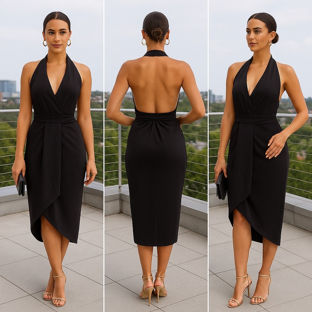 🖤 Deep V Halter Wrap Midi Dress | Black | Size M | Excellent Condition